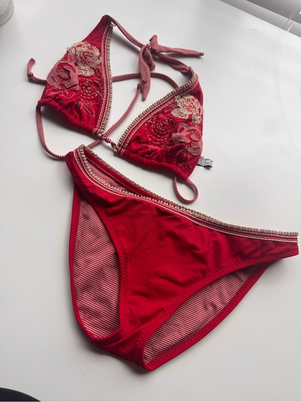 BECCA Red Embroidered Triangle Bikini Set